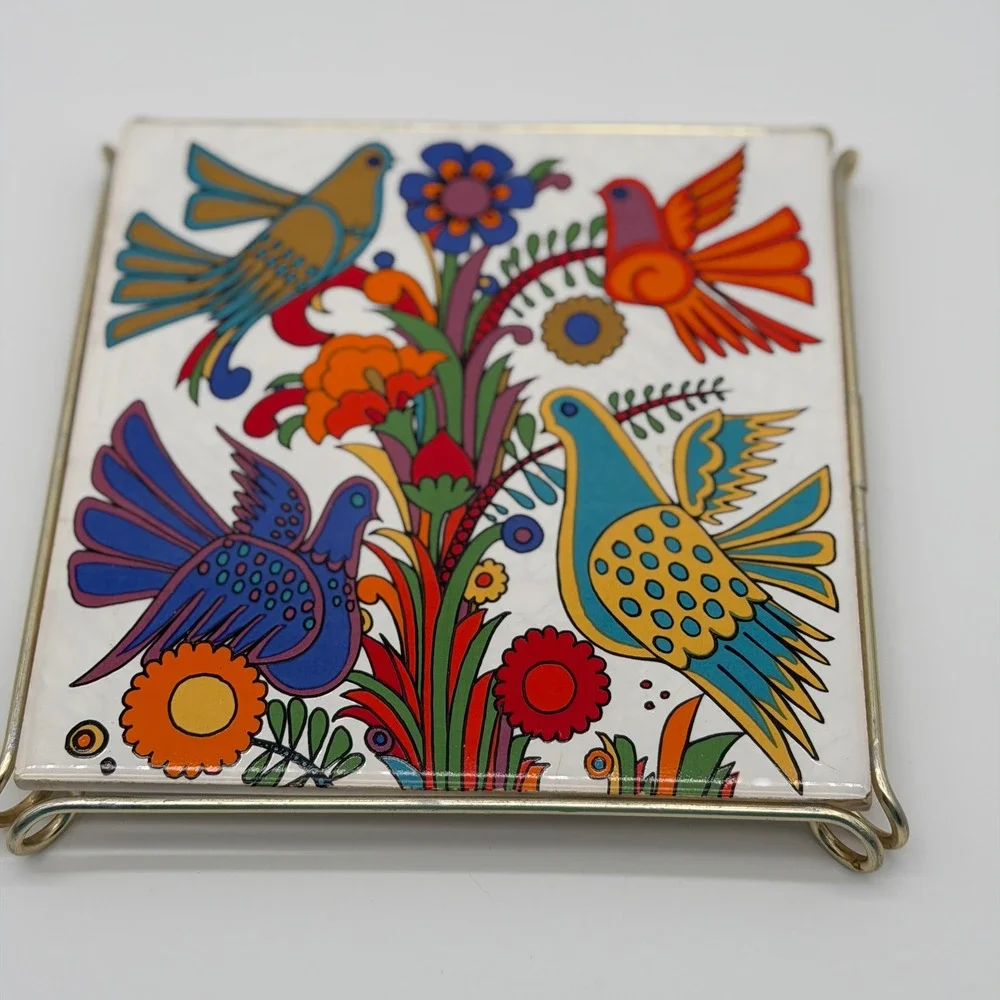 Vintage Villeroy & Boch Mettlach Folk Art Bird Ceramic Tile Trivet West Germany